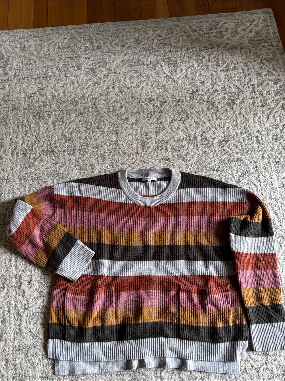 Madewell Striped Sweater with front pockets.Gray, Olive Green, Pink, Rust. - Picture 2 of 4